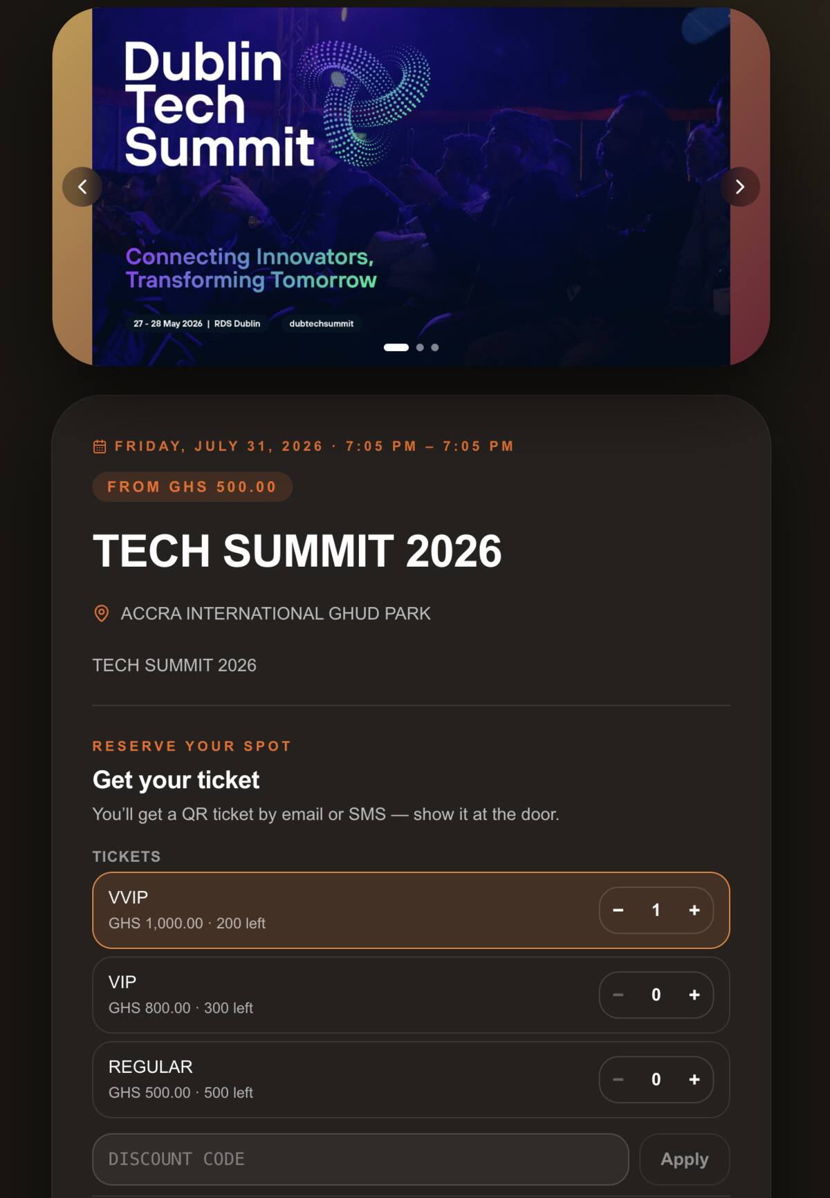 Public event page with ticket tiers
