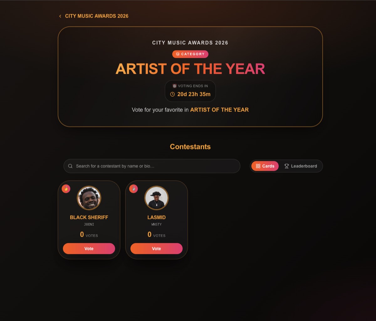 Public voting page with contestant cards